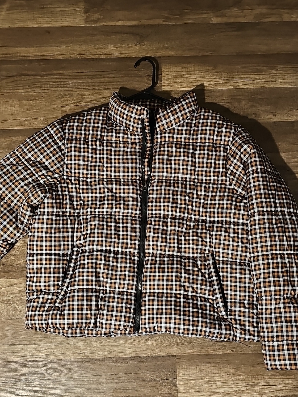 Checked Cropped Puffer Jacket in Brown and Black